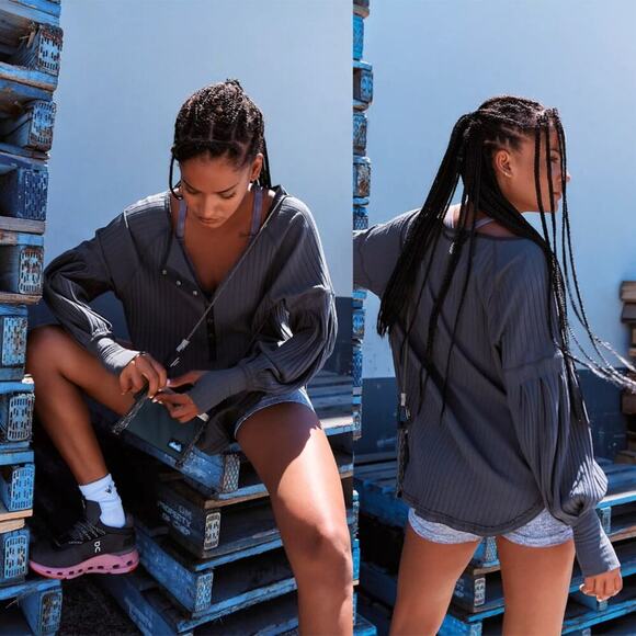 Free People Movement Bella Grey Ribbed Oversized Henley Top - Picture 1 of 8